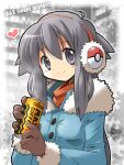  1girl blue_coat brown_gloves buttons can canned_coffee closed_mouth coat earmuffs english_text engrish_text fur-trimmed_sleeves fur_collar fur_trim georgia_max_coffee gloves grey_eyes grey_hair heart highres holding holding_can leaf_(pokemon) long_hair long_sleeves photo_background pokemon pokemon_(game) pokemon_frlg ranguage rascal_(feuille) smile solo split_mouth upper_body winter_clothes 