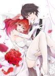  1boy 1girl black_hair bouquet bow bowtie bridal_veil brown_eyes carrying dress elbow_gloves flower garter_belt gloves highres kurogane_ikki novel_illustration official_art princess_carry rakudai_kishi_no_cavalry red_eyes red_flower red_hair red_rose rose saitou_(painfotsai) stella_vermillion thighhighs tuxedo veil wedding wedding_dress white_thighhighs 