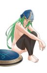 1girl black_thighhighs blue_helmet breasts convenient_censoring fire_emblem fire_emblem:_path_of_radiance green_eyes green_hair helmet highres large_breasts long_hair looking_at_viewer nephenee_(fire_emblem) nude on_floor pomelomelon shield simple_background sitting thighhighs 