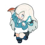  +_+ 1girl :o akichi_360 alternate_costume arm_up black_footwear black_leg_warmers blonde_hair blue_hair blue_jacket blush_stickers chibi fang flower food fork grey_eyes hair_flower hair_ornament hair_over_one_eye highres holding holding_food holding_fork isekai_joucho jacket kamitsubaki_studio layered_clothes long_hair long_sleeves multicolored_clothes multicolored_hair multicolored_jacket napolitan open_mouth plate shoes simple_background skin_fang solo standing standing_on_one_leg streaked_hair turtleneck turtleneck_jacket two-tone_jacket v-shaped_eyebrows virtual_youtuber wavy_hair white_background white_jacket 