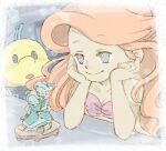  1girl air_bubble ariel_(disney) bare_shoulders blue_eyes bubble closed_mouth collarbone figure fish flounder_(the_little_mermaid) hands_on_own_face long_hair lowres red_hair shell shell_bikini siho_(softcolor) smile solo_focus the_little_mermaid underwater very_long_hair 