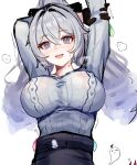  1girl arms_up black_gloves breasts bronya_zaychik bronya_zaychik_(silverwing:_n-ex) gloves grey_eyes grey_hair hair_between_eyes highres honkai_(series) honkai_impact_3rd large_breasts long_hair mini2chainz office_lady pencil_skirt pink_pupils simple_background sketch skirt smile solo teeth upper_body upper_teeth_only white_background 