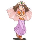  1girl alternate_costume artist_request blue_eyes brown_hair clothes_pull dress_pull harem_outfit harem_pants looking_at_viewer lowres may_(pokemon) medium_hair midriff navel non-web_source official_alternate_costume pants pokemon pokemon_(anime) purple_pants smile source_request 