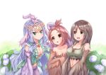  3girls animal_ears armlet bangs_pinned_back bare_shoulders bird_ears blush breasts brown_eyes brown_feathers brown_hair brown_wings cleavage commentary_request commission feathers green_eyes hair_between_eyes harpy highres large_breasts long_hair matsu520 medium_hair midriff mon-musu_quest! mon-musu_quest:_paradox monster_girl multiple_girls navel open_mouth pii_(mon-musu_quest!) pina_(mon-musu_quest!) plunging_neckline purple_feathers purple_hair purple_wings queen_harpy_(mon-musu_quest!) siblings sisters skeb_commission smile tiara very_long_hair winged_arms wings 