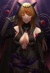  absurdres armpit_crease black_gloves blonde_hair breasts cleavage colored_eyelashes commission dress gem gloves highres isabeau_de_baviere_(madoka_magica) jewelry keenii_(kenny86) large_breasts long_dress long_hair long_sleeves magia_record:_mahou_shoujo_madoka_magica_gaiden mahou_shoujo_madoka_magica mahou_shoujo_tart_magica mask necklace pixiv_commission queen rabbit_mask red_eyes royal_robe smile 