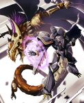  152_in_can absurdres alphamon armor creature digimon digimon_(creature) dragon fangs flying green_eyes highres holding holding_sword holding_weapon ouryumon purple_hair shoulder_armor simple_background sword weapon 