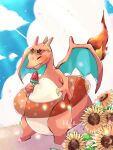  animal_focus artist_name blue_sky charizard closed_eyes cloud commentary_request dragon_wings fangs fire flower food hanabusaoekaki highres holding holding_food holding_popsicle no_humans open_mouth pokemon pokemon_(creature) popsicle sky sunflower tail wings 