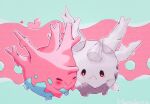  :&gt; animal_focus aqua_background artist_name blush closed_eyes colored_skin commentary_request corsola galarian_corsola hanabusaoekaki heart no_humans pink_background pink_skin pokemon pokemon_(creature) red_eyes solid_oval_eyes two-tone_background white_skin 