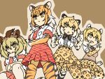  4girls animal_ears animal_print arm_at_side bare_arms big_hair black_hair blonde_hair bow bowtie breast_pocket brown_bow brown_bowtie brown_eyes brown_hair center_frills chibi closed_mouth collared_shirt colored_inner_hair extra_ears feet_out_of_frame fighting_stance frills from_below fur_scarf garter_straps gloves hair_between_eyes hands_up high-waist_skirt jaguar_(kemono_friends) jaguar_ears jaguar_girl jaguar_print jaguar_tail kemono_friends kneeling legs_apart leopard_(kemono_friends) leopard_ears leopard_print leopard_tail lion_(kemono_friends) lion_ears medium_hair miniskirt multicolored_hair multiple_girls necktie open_mouth orange_hair parted_bangs parted_lips plaid plaid_necktie plaid_skirt plaid_sleeves pocket print_gloves print_necktie print_thighhighs scarf serious shirt short_sleeves skirt srd_(srdsrd01) standing streaked_hair sweater_vest tail thighhighs tiger_(kemono_friends) tiger_ears tiger_girl tiger_print tiger_tail two-tone_hair v-shaped_eyebrows white_shirt yellow_eyes zettai_ryouiki 
