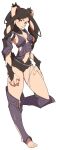  1girl absurdres armor barefoot bikini_armor black_fur body_fur braid breasts breasts_apart brown_eyes fire_emblem fire_emblem_awakening floppy_ears frown hand_on_own_thigh head_tilt highres long_hair looking_at_viewer medium_breasts navel panne_(fire_emblem) rabbit_tail sasaki_sue solo taguel tail twin_braids very_long_hair white_background 