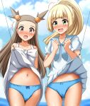  2girls absurdres arms_behind_back blonde_hair blue_panties blue_ribbon blue_sailor_collar blue_sky blurry blurry_background blush bow bow_panties brown_eyes brown_hair clenched_hands clothes_lift cloud cloudy_sky commentary_request crotch_seam day dress fishing_hook fishing_line frown green_eyes hair_ornament highres horizon jasmine_(pokemon) lifted_by_another lillie_(pokemon) long_hair looking_at_viewer miniskirt multiple_girls navel neck_ribbon open_mouth outdoors panties pantyshot pleated_skirt pokemon pokemon_(game) pokemon_hgss pokemon_sm ponytail ribbon sailor_collar shirt short_dress skirt skirt_lift sky sleeveless sleeveless_dress standing sundress sweatdrop trembling two_side_up underwear white_dress white_shirt white_skirt zanntetu 