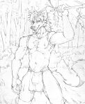  akatan_art anthro arm_tuft bottomwear bulge canid cheek_tuft chest_tuft clothed clothing elbow_tuft facial_tuft front_view hi_res loincloth looking_at_viewer male mammal monochrome open_mouth open_smile partially_submerged plant portrait shoulder_tuft shrub smile solo standing three-quarter_portrait topless tree tuft 
