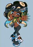  2022 5_fingers animal_humanoid bandanna beauty_mark cephalopod cephalopod_humanoid clothing dark_body dark_skin female fingers footwear gesture hi_res humanoid jewelry kerchief looking_at_viewer m5mona marina_(splatoon) marine marine_humanoid mollusk mollusk_humanoid navel necklace nintendo octarian octoling pseudo_hair shoes simple_background smile solo splatoon suction_cup tentacle_hair tentacles waving 