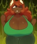  anthro big_breasts bottomwear breasts brown_body cleavage clothed clothing female forest green_bottomwear green_clothing green_pants green_shirt green_topwear hair happy jungle lips looking_away one_eye_closed orange_hair pants plant rekkadraws shirt solo terraria thick_lips thick_thighs topwear tree vines wink zoologist_(terraria) 