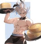  1boy abs animal_ears apron bara black_apron closed_mouth detached_collar dragon_ball dragon_ball_super fake_animal_ears fake_tail grey_eyes highres holding holding_tray large_pectorals male_focus male_playboy_bunny muscular muscular_male navel nipples pectorals rabbit_ears rabbit_tail short_hair solo son_goku spiked_hair tail tray ultra_instinct waist_apron white_hair wrist_cuffs yutose_0 