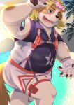  absurd_res anthro beach blonde_hair blue_eyes blush canid canine canis domestic_dog flower flower_accessory flower_crown hair harness hi_res hisaki_(live_a_hero) lei lifewonders live_a_hero male mammal nazebesu_hobby pawpads plant seaside slightly_chubby solo sunset wetsuit 