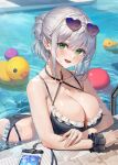  1girl :d arm_rest ass ball bikini black_bikini breast_rest breasts cellphone cleavage collarbone eyewear_on_head frilled_bikini frills green_eyes grey_hair hair_bun heart heart-shaped_eyewear highres hololive lanyard large_breasts leaning_forward looking_at_viewer mole mole_on_breast open_mouth phone pool rubber_duck shirogane_noel smartphone smile sunglasses swimsuit textless_version virtual_youtuber watao 