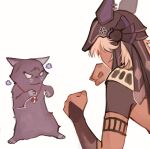  1boy anger_vein animal_ears animal_hat animalization arabian_clothes cat come_at_me_bro cyno_(genshin_impact) dark-skinned_male dark_skin doodlescara fighting_stance genshin_impact hat highres jackal_ears long_hair looking_at_viewer male_focus meme purple_fur red_eyeliner scaramouche_(cat)_(genshin_impact) scaramouche_(genshin_impact) simple_background trolling white_background white_hair 