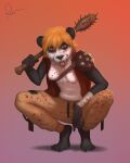  2023 anthro areola barefoot bear black_ears blood blood_on_arm blood_on_body blood_on_breasts blood_on_clothing bodily_fluids bottomwear breasts clothed clothing feet female fingers giant_panda hair hi_res holding_object mammal navel nipples orange_hair pants pink_areola red_eyes rov shoulder_guard toes tongue tongue_out wraps wrist_wraps 