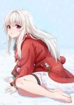  1girl barefoot caskule clara_(honkai:_star_rail) coat fur-trimmed_coat fur_trim highres honkai:_star_rail honkai_(series) long_hair long_sleeves looking_at_viewer parted_lips red_coat red_eyes sitting snow solo thigh_strap white_hair yokozuwari 