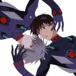  2boys blue_eyes bodysuit brown_hair gloves grey_hair highres ikari_shinji looking_at_another lying male_focus multiple_boys nagisa_kaworu neon_genesis_evangelion official_style on_back parody red_eyes short_hair spiked_hair style_parody tousok white_background yaoi 