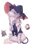  3girls abigail_williams_(fate) absurdres animal_on_head animal_on_lap black_headwear cat cat_tail chibi chibi_inset daisi_gi english_commentary fate/grand_order fate_(series) frills grey_hair halloween hat highres lavinia_whateley_(fate) long_hair looking_at_viewer multiple_girls on_head on_lap queen_of_sheba_(fate) red_eyes ribbon simple_background sitting tail white_background witch_hat 