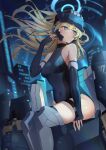  1girl absurdres armor bare_shoulders blonde_hair blue_archive blue_eyes blue_gloves blue_leotard breasts covered_navel e_buki elbow_gloves fingerless_gloves floating_hair gloves goggles goggles_on_head halo hand_up headset highres leotard long_hair looking_to_the_side medium_breasts night night_sky official_alternate_hairstyle parted_lips sitting sky solo thigh_strap thighs toki_(blue_archive) very_long_hair 