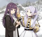  2girls book breasts capelet earrings elf fern_(sousou_no_frieren) frieren green_eyes hair_over_shoulder holding holding_book jewelry large_breasts long_hair looking_at_another multiple_girls nyoro_(nyoronyoro000) pointy_ears purple_eyes purple_hair snow sousou_no_frieren twintails white_hair 