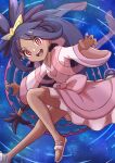  1girl absurdres black_hair dark-skinned_female dark_skin dress highres iris_(pokemon) jumping long_hair looking_at_viewer open_mouth pink_dress pink_eyes pokemon rono_(lethys) sandals solo teeth upper_teeth_only very_long_hair 