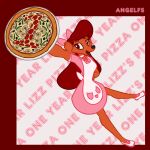  &lt;3 1:1 accessory angelfs anthro apron bird_dog bow_ribbon brown_body brown_fur canid canine canis clothed clothing collar domestic_dog dress female floppy_ears food fur golden_retriever hair hunting_dog mammal pizza plate pockets raising_arm red_hair retriever ribbons smile solo standing 