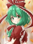  1girl absurdres blurry blurry_background blush bow frilled_bow frilled_ribbon frills front_ponytail green_eyes green_hair hair_ribbon highres kagiyama_hina leaf looking_at_viewer one-hour_drawing_challenge puffy_short_sleeves puffy_sleeves red_ribbon ribbon short_sleeves solo touhou waramori_fuzuka 