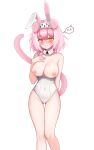  1girl @_@ absurdres animal_ears arknights arm_behind_back ass_visible_through_thighs blush braid breasts cat_ears cat_girl cat_tail closed_mouth collarbone covered_navel detached_collar embarrassed fake_animal_ears feet_out_of_frame goldenglow_(arknights) hairband hand_on_own_chest highres large_breasts leotard lightning_bolt_print long_hair looking_at_viewer nervous_smile nipples nose_blush pink_hair playboy_bunny rabbit_ears side_braid simple_background smile solo spoken_expression standing tail thigh_gap topless white_background white_hairband white_leotard yellow_eyes yon_(isieuniya) 
