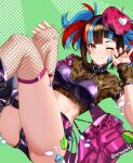  1girl animal_print aona_(anagasaki) belt beret black_bra black_hair black_shorts blue_hair blush bra breasts brown_shirt collar cropped_shirt fate/grand_order fate_(series) fishnet_thighhighs fishnets green_background hat highres jacket large_breasts leopard_print long_hair looking_at_viewer multicolored_hair off_shoulder one_eye_closed pink_headwear pink_jacket red_hair sei_shounagon_(fate) shirt short_shorts short_sleeves shorts smile solo thighhighs thighs twintails underwear yellow_eyes 