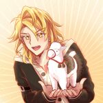  1boy alpaca amber_(fire_emblem) animal artist_name black_jacket blonde_hair dated fire_emblem fire_emblem_engage hair_between_eyes highres holding holding_animal jacket long_sleeves looking_at_viewer male_focus myondusk official_alternate_costume open_clothes open_jacket teeth upper_body upper_teeth_only yellow_eyes 