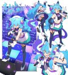  1girl absurdres ai.mi_(omega_strikers) ai.mi_(omega_strikers)_(idol_ai.mi) animal_ears audience blue_eyes blue_hair bow cat_ears cat_girl concert gloves hair_ornament heterochromia highres holding holding_microphone idol long_hair microphone multiple_views music omega_strikers open_mouth singing skirt solo stage standing thighhighs yellow_eyes zizi_niisan 