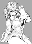  1girl animal_ear_fluff animal_ears arm_support bracelet breasts cat cat_ears cat_girl cat_tail choppy_bangs collared_shirt commentary_request endou_okito greyscale hair_between_eyes highres invisible_chair jewelry large_breasts long_sleeves monochrome no_pants open_clothes open_shirt original shirt short_hair sitting skirt_rolled_up tail twintails 
