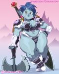  armor axe blue_body blue_hair blue_skin breasts chickpea_(artist) cleavage clothed clothing disney elf eyewear female glasses hair hi_res humanoid humanoid_pointy_ears laurel_lightfoot not_furry onward_(2020) pauldron pixar sheathed_sword skimpy_armor solo thick_thighs 