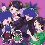  0339_kawaii anger_vein black_gloves black_hair blush bound chibi dress elbow_gloves flower flower_on_head gloves horns long_hair nippaku_zanmu pointy_ears purple_background purple_dress purple_eyes purple_lips red_eyes touhou upper_body yomotsu_hisami yuri 