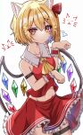  1girl absurdres animal_ears ascot blonde_hair cat_ears closed_mouth cowboy_shot crystal flandre_scarlet frilled_skirt frills hair_between_eyes hair_ornament highres kiui_(dagk8254) long_hair navel one_side_up red_eyes red_skirt simple_background skirt solo thigh_strap touhou white_background wings wrist_cuffs x_hair_ornament yellow_ascot 