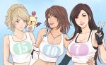  3girls alternate_costume bare_shoulders black_gloves black_hair black_sports_bra blonde_hair blue_background blue_eyes breasts brown_hair collarbone commentary crop_top crylin6 earrings elbow_gloves english_commentary final_fantasy final_fantasy_vii final_fantasy_vii_remake final_fantasy_x final_fantasy_xv fingerless_gloves gloves green_eyes hand_on_another&#039;s_hip heterochromia highres jewelry large_breasts light_blush long_hair looking_at_viewer lunafreya_nox_fleuret medium_breasts midriff moogle multiple_girls necklace parted_lips pink_nails red_eyes short_hair single_earring single_elbow_glove smile sports_bra swept_bangs tank_top tifa_lockhart upper_body v white_tank_top yuna_(ff10) 
