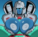  areola big_breasts blue_background blue_body blue_eyes breast_play breasts cybertronian duo female first_person_view genitals green_body grey_areola grey_body grey_nipples hasbro hi_res huge_breasts humanoid machine male male/female metallic_body nipples not_furry penis pov_titfuck pyra_magna_(transformers) ravage42 robot robot_humanoid sex simple_background slide_(transformers) takara_tomy titfuck transformers 