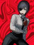  1girl black_hair black_necktie black_pants blood blood_from_mouth blood_on_clothes blue_eyes chainsaw_man collared_shirt eyepatch highres himeno_(chainsaw_man) holding_own_arm kota_2kx looking_at_viewer necktie open_mouth pants red_background shirt shirt_tucked_in short_hair solo sweat white_shirt 