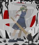  1girl abstract_background absurdres black_footwear black_skirt blue_vest bow giant_brush green_hair hair_bobbles hair_ornament hat highres holding ink llamas_yes long_sleeves no_lineart paintbrush red_bow red_circle ribbon ribbon-trimmed_skirt ribbon_trim shiki_eiki skirt sleeve_bow socks spikes splatter touhou vest white_bow white_socks 