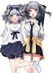  2girls bandaid bandaid_on_leg blue_bow blue_bowtie blue_necktie blue_skirt blush bow bowtie clenched_hands clothes_around_waist collar curly_hair double_bun fangs grey_eyes grey_hair hair_bow hair_bun hand_on_own_head highres jacket jacket_around_waist leg_up light_purple_hair long_sleeves miniskirt multiple_girls necktie open_mouth original purple_eyes sailor_collar school_uniform sharp_teeth shirt shoes short_hair short_sleeves skirt smile sneakers suzune_hapinesu tabletop_rpg teeth tongue tongue_out twintails violin_case wavy_hair white_collar white_sailor_collar white_shirt white_sneakers wide_sleeves yellow_jacket 