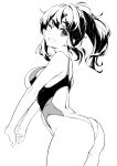  1girl ass bare_shoulders blush breasts greyscale grin highleg highleg_swimsuit highres kekemotsu large_breasts long_hair looking_at_viewer monochrome one-piece_swimsuit one_eye_closed original ponytail sidelocks smile solo swimsuit thighs 