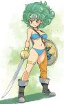  1girl absurdres arms_at_sides asymmetrical_clothes belt bikini blue_eyes blue_gemstone boots breasts circlet closed_mouth collarbone commentary_request curly_hair detached_sleeves dragon_quest dragon_quest_iv full_body gem gloves green_bikini green_gloves green_hair heroine_(dq4) highres holding holding_shield holding_sword holding_weapon large_breasts light_blush looking_to_the_side muramasa_mikado orange_sleeves orange_thighhighs serious shield shoulder_belt single_bare_shoulder single_detached_sleeve single_glove single_thighhigh solo standing swimsuit sword thighhighs thighlet thighs weapon 