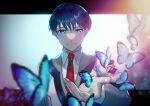  1boy absurdres black_hair blue_butterfly blue_eyes blurry blurry_foreground bug butterfly gunparade_march hair_between_eyes hayami_atsushi highres long_sleeves looking_at_viewer male_focus mememe necktie red_necktie smile solo uniform upper_body 