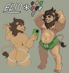 absurd_res anthro belly biggslorp bottomwear butt chubby_anthro chubby_male clothed clothing digital_media_(artwork) elios_(biggslorp) eyebrow_piercing facial_piercing felid fur gym_bottomwear gym_clothing gym_shorts hair hi_res jockstrap lion looking_at_viewer male mammal mane mane_hair muscular nipples overweight overweight_anthro overweight_male pantherine phone piercing shorts simple_background slightly_chubby smile solo tail underwear 