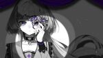  1girl black_choker choker closed_mouth curtains dress half_mask highres light_smile limited_palette long_hair looking_at_viewer mask mikanoisi purple_eyes simple_background smile solo spotlight standing vocaloid 