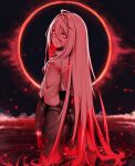  1girl absurdres ahoge armored_core armored_core_6 ass ayre_(armored_core_6) black_hole highres kb-5 long_hair looking_at_viewer looking_back multicolored_hair original personification red_eyes solo very_long_hair white_hair 